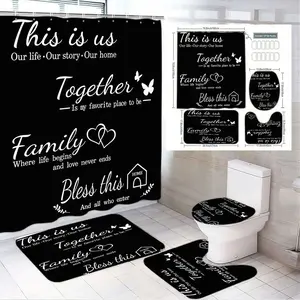1/4pcs Black & White Family Bathroom Set - Shower Curtain (With ‘This is us...Together’ Phrases) + 3 Matching Floor Mats (Rectangular/Oval) & Toilet Seat Cover - Butterflies House Icon - Perfect for Family Love Home Decor Shower Curtain Sets