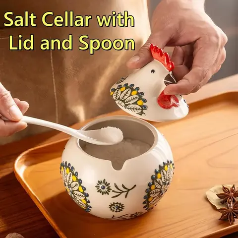 13oz (400ml) Ceramic Salt Cellar Jar with Flip-Top Lid, Spoon & Rooster Shape - Vibrant Green Floral Glossy Finish, Lightweight Sturdy Kitchen Seasoning Canister, Dish-Friendly Artistic Elegance Container for Salt, Coffee