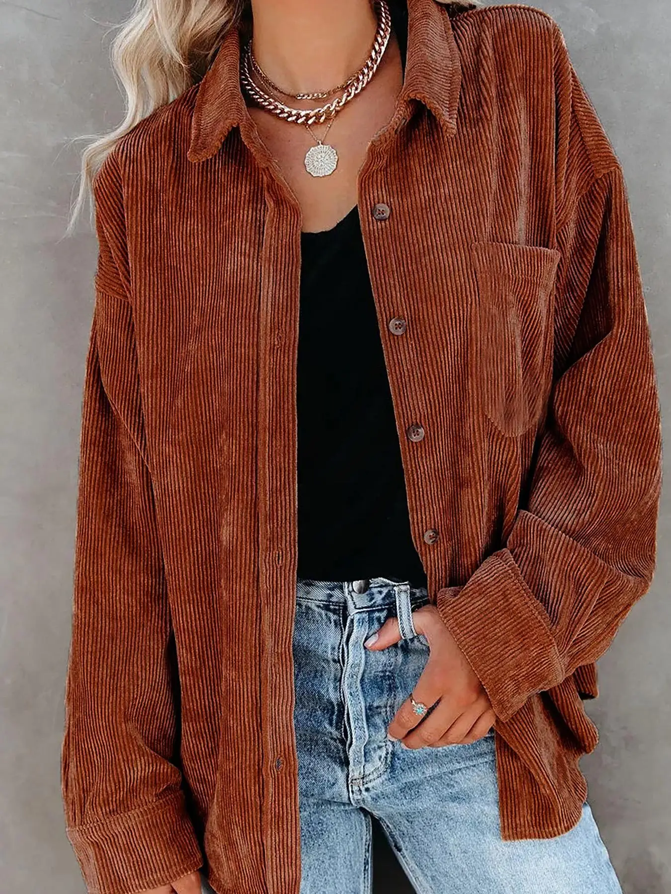 Women's Textured Pocket Button Front Corduroy Jacket, Casual Long Sleeve Collared Button Up Outerwear for Fall, Women's Clothes for Daily Wear Tops
