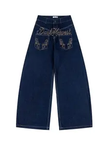 Womens Y2k Jeans Gothic Wing Letter Embroidery Trendy Street Style