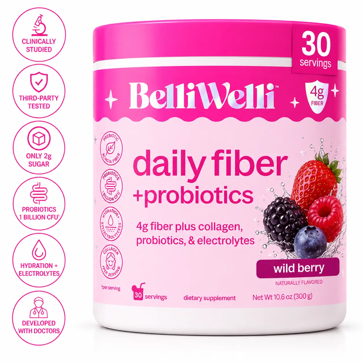 BelliWelli Daily Fiber + Probiotics - Wild Berry - 30 day