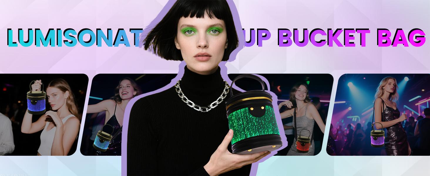 Portable Rechargeable Crossbody LED Light Up Bucket Bag, 7 Color Changing Glow In The Dark Crossbody Purse With 4 Flashing Modes, Press Switch To Control, Stylish Handbag For Night Out Party Concert