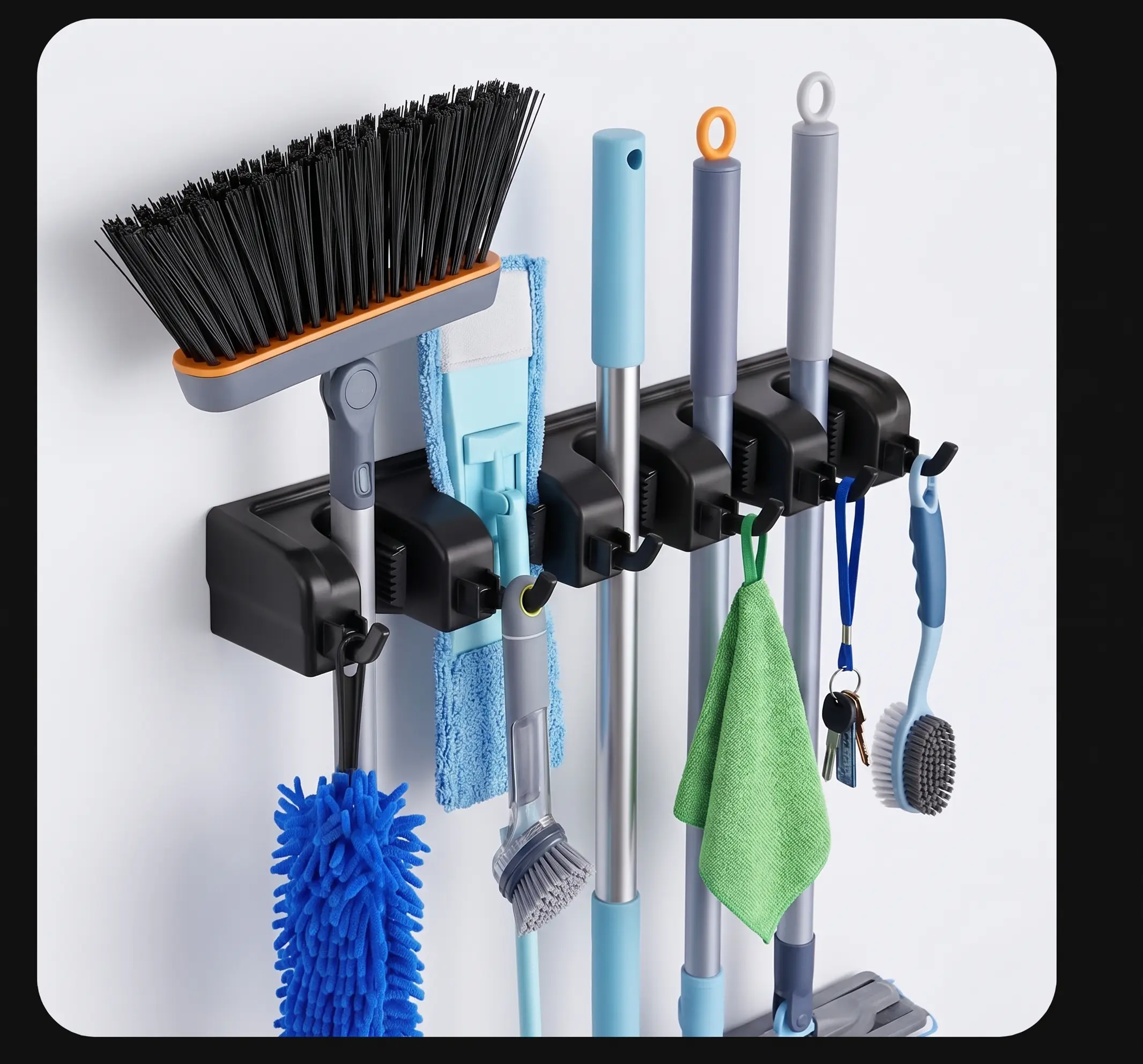 Wall Mount Broom and Mop Holder Organizer, 5 Slot 6 Hook Space Saving Utility Rack for Garage Laundry Room Garden Tools, Sturdy Storage