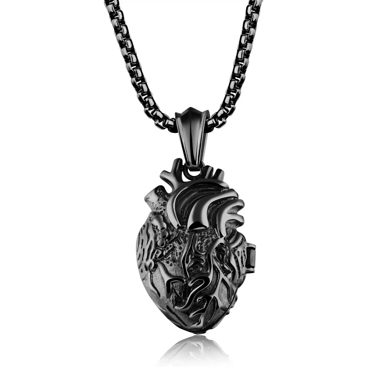Stainless Steel Anatomical Organ Heart Pendant Locket Necklace for Men Birthday, ,,Black