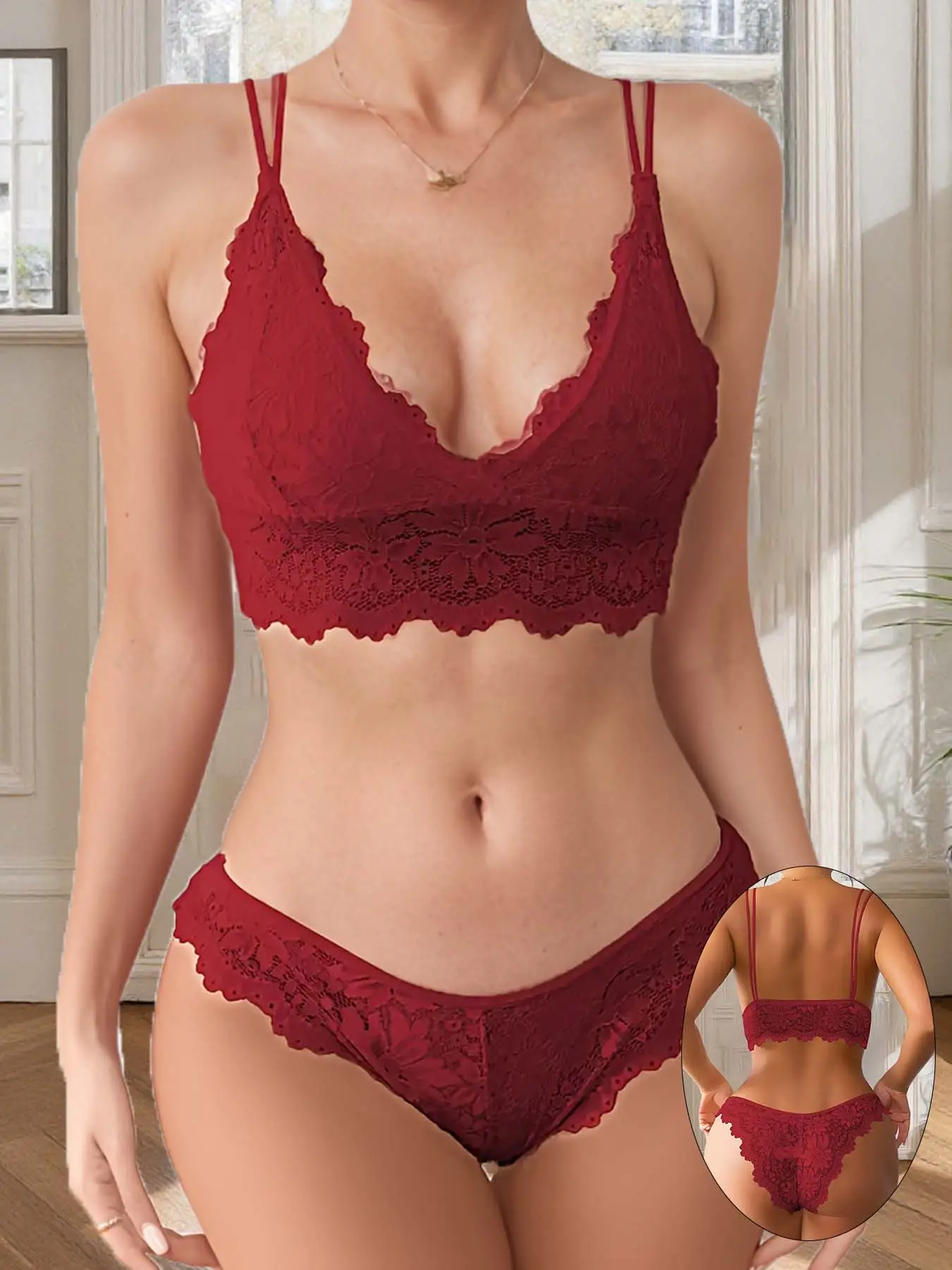 Deep V Sexy Lace Bralette Set Piece, Womenswear, Comfortable Push-Up, No-Sagging, Youthful Appeal, All Seasons, Fitted Style, Buckleless Design, Underwear