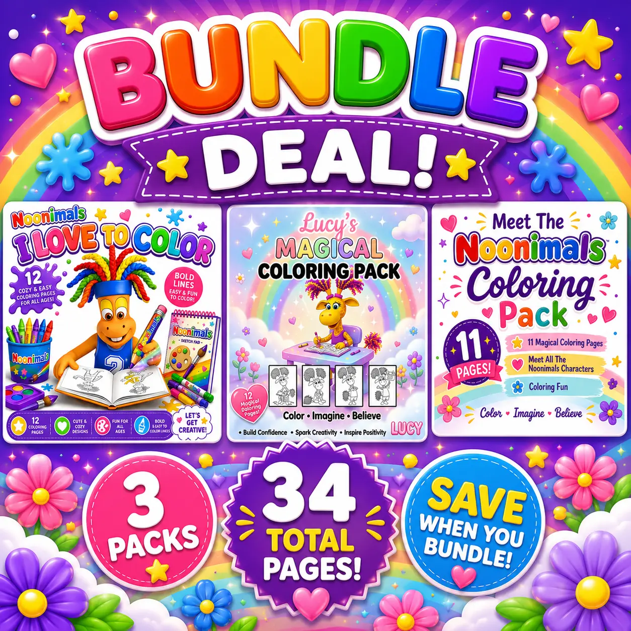 BUNDLE !!! |  "3 Coloring Packs - 34 Coloring Pages Total + 1 Bonus Page
