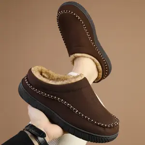 shoeslocker Men's Slip On Moccasin Slippers, Indoor/Outdoor Warm Fuzzy Comfy House Shoes, Fluffy Wide Loafer Slippers