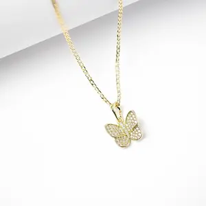 14K Gold Plated Butterfly Pendant Necklace with 2mm Chain 16 18 22 Inches Elegant Clear Stone Detailing for Everyday Wear Perfect Gift for Her