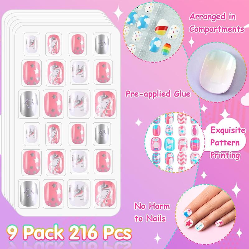 216Pcs 9 Pack Press on Nails Grils Kids Full Cover Short False Stick on Nail Tips for Kids Nail Art Decoration Christmas Birthday Valentine's Party Favors Gift(Lovely Style)