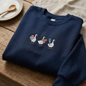 [MADE IN US] Embroidered Baking Goose Trio Sweatshirt, Cake and Bread Bird Hoodie, Pastry Chef Gift, Kitchen Humor Apparel, Foodie Animal Crewneck