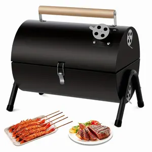 1pc Compact Portable Barrel Charcoal BBQ Grill with Double-Sided Griddle, Foldable Outdoor Smoker Grill for Camping, Cooking, Picnic & Backyard BBQ, Black, Father's Day Gift for Dad, BBQ Gifts for Men