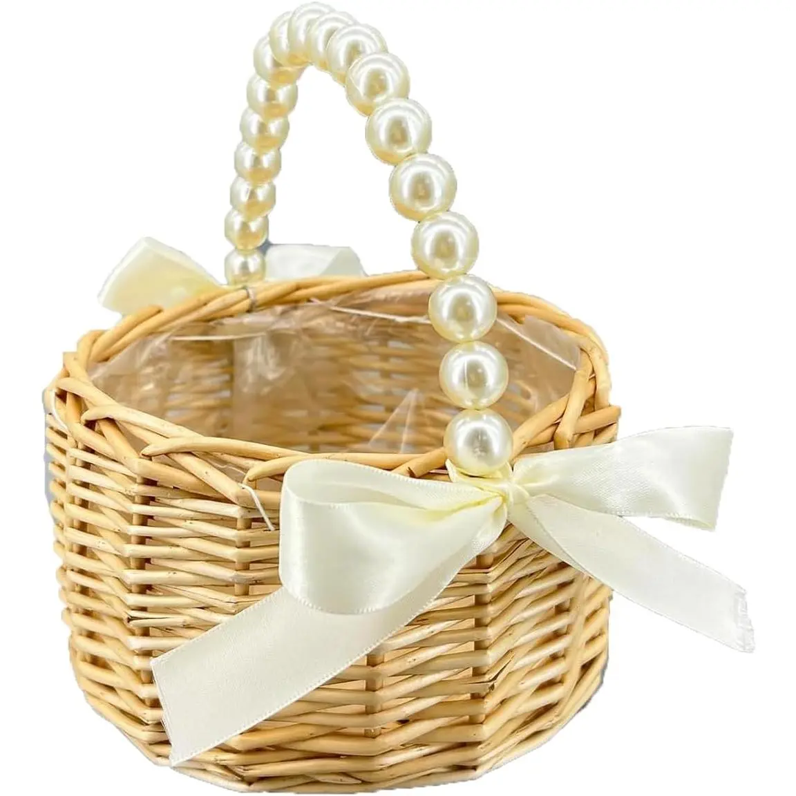 Wicker Rattan Flower Girl Basket with Bows, Handle Flower Basket,Wedding Flower Girl Basket and  Decorations. (1)