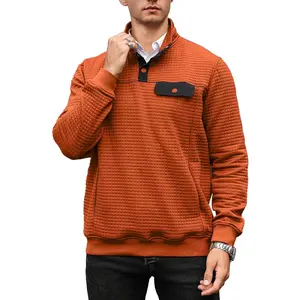 Wizoat Men's Quilted Sweatshirt Casual Waffle Stand Collar Button Pullover Sweatshirts Orange