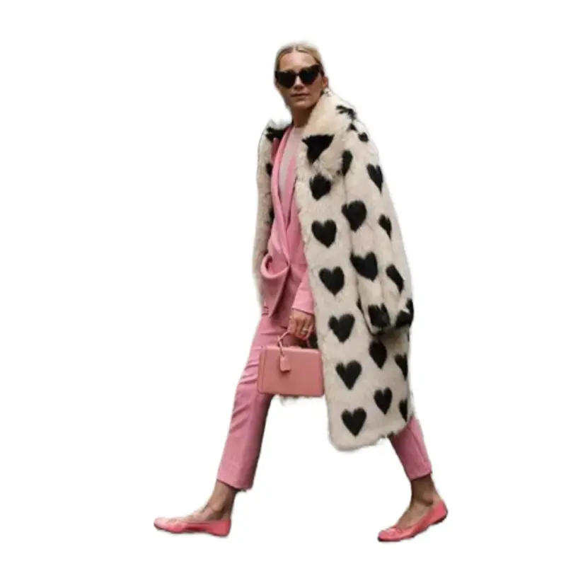 Always On Time To Party Womens Cozy Fur Lingkine Coat with Heart Pattern and Soft Material for Winter Fashion