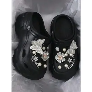 Women's New Fashion Versatile Butterfly Pearl Flower Anti-Slip Height Increasing Slip-On Casual Hole Glitter Clog Shoes, Comfortable and Stylish