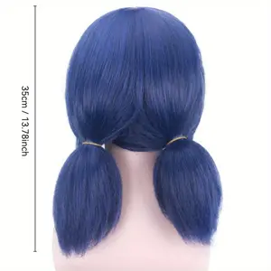 Anime Cosplay Wig Blue with Double Ponytails, Straight Synthetic Heat Resistant Hair, Rose Net Capless Design for Ladybug Costume and Halloween