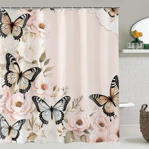 Butterfly Pattern Bathroom Decor Set, Aesthetic Bathroom Decor, Including Waterproof Bathroom Curtain & Toilet Lid Cover & Floor Mat, Bathroom Decoration Accessories for Home Decor, Bathroom Supplies, Shower Curtain Sets