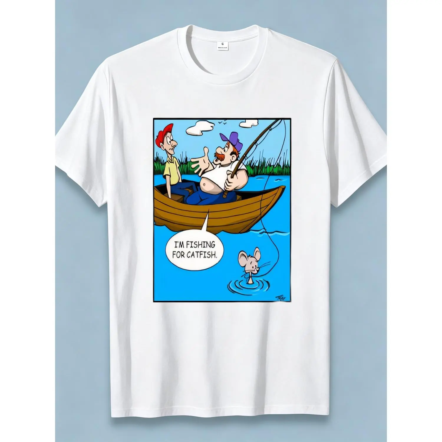 Men's Catfish Fishing T-Shirt, Casual Short Sleeve Streetwear Top in a Cotton Blend with Funny Cartoon Graphic Print