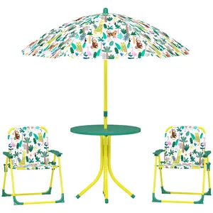 Picnic Table & Chairs Set – Green. For Ages 2-5. 2 Foldable Chairs + Table + Removable Umbrella (33.9"-48", Monkey & Giraffe). Anti-Tip Feet. 77 lbs Chair Cap