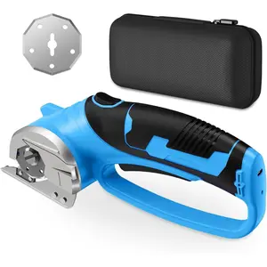 Cordless Electric Scissors, 4V Rechargeable Box Cutter & Cardboard Cutter with LED Light, Safety Lock - Rotary Cutter for Fabric, Leather, Carpet, Plastic, Crafting, Sewing with Storage Box (Blue)