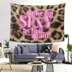 Sexy Wake Up" Leopard Print Wall Tapestry - Durable Polyester, Lightweight & Easy To Hang, Perfect For Living Room, Bedroom, Office Decor, Ideal Gift For Friends & Family, Party Decoration |   Playful Text Design |   Velvety Texture, Leopard Print Decor