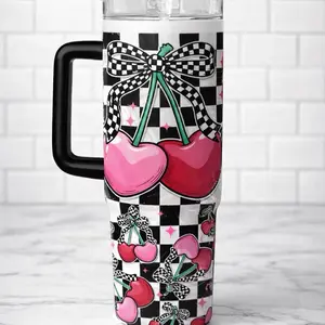Coquette Cherry with Retro Checker Bow Valentine's Day 40 oz tumbler Drinkware Reusable