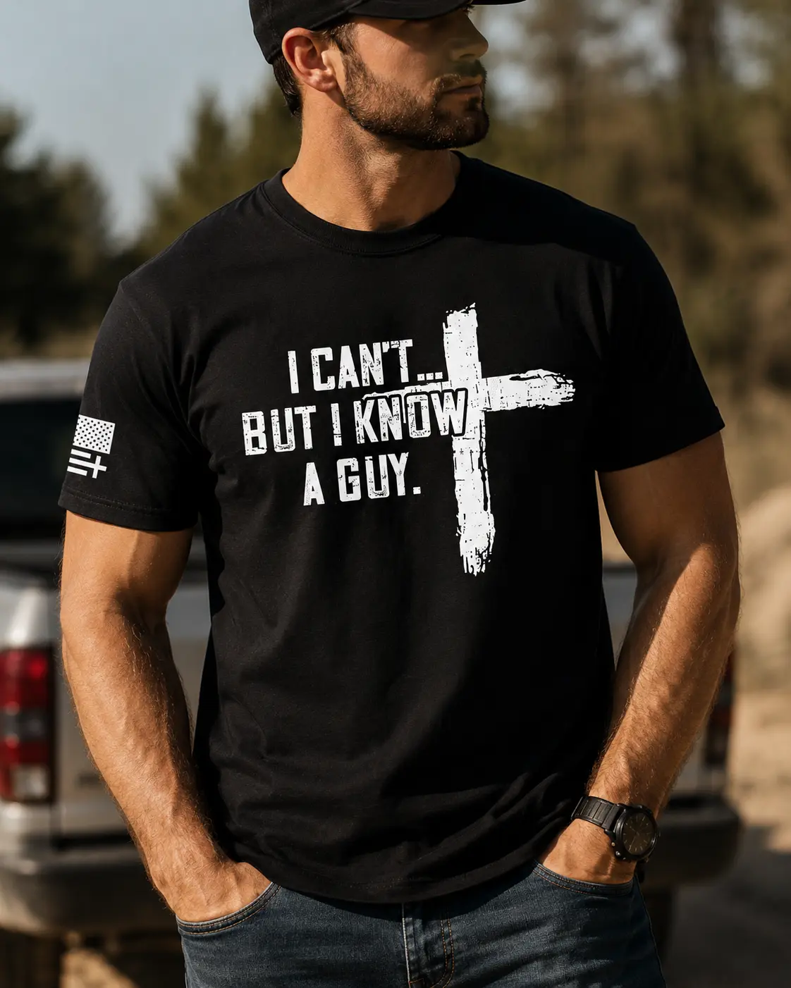 TRENZ SHIRT COMPANY Men's Christian Cotton-Polyester Short-Sleeve T-Shirt - "I Can't But I Know A Guy" Cross Biblical Print Casual Top, Algodón Men's Short-Sleeve Tees, Shirts