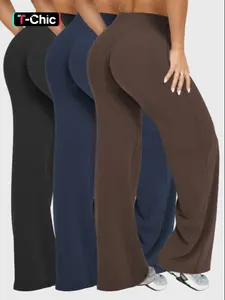 Women's 3-Pack Solid Color Sporty Yoga Pants, Casual Bottoms, Comfortable Flare Leggings, Perfect for Fitness and Daily Wear, Elastic Waist Leggings