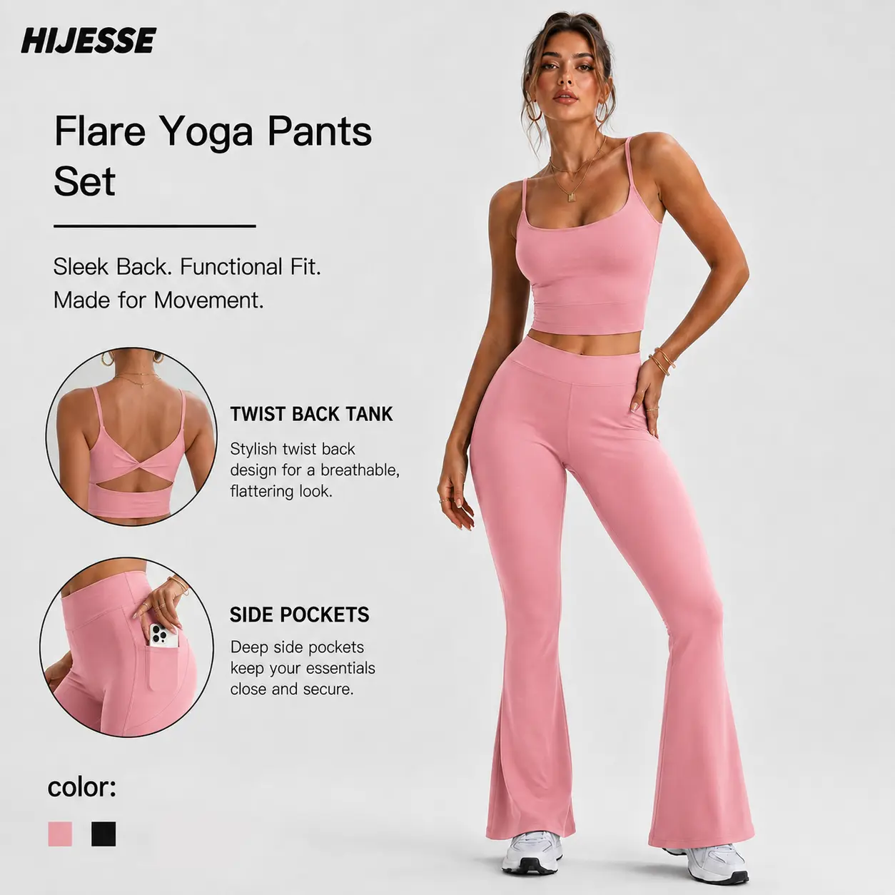 HIJESSE Women's 2-Piece Flare Yoga Pants Set, Twist-Back Tank Top & High-Waisted Pocket Flare Leggings, Stretchy Workout Outfit for Yoga, Pilates, Gym & Casual Wear