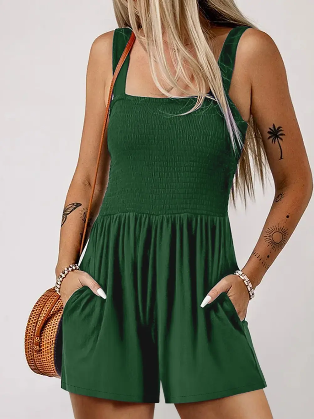 Green Smocked Sleeveless Pocketed Romper for Women, Casual Fit and Flare Jumpsuit