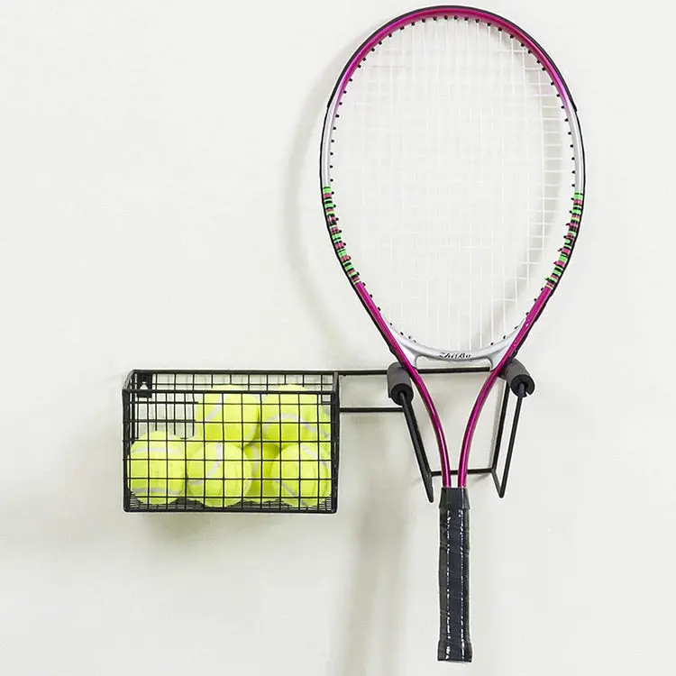 Wall Mounted Metal Tennis Racket Holder with Ball Storage Basket