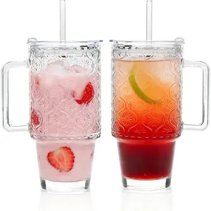 24oz Glass Tumbler with Lids and Straws Handle Iced Coffee Glass Tumbler with Thick Plastic Lid Leak Proof Vintage Drinking Glass for Gift Juice Smoothie Tea(Begonia*2)