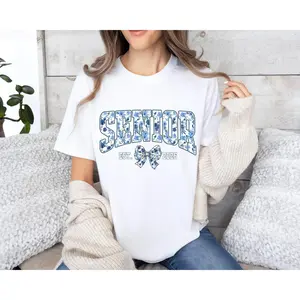 2026 Senior Shirt Floral Senior 2026 Gift Class of 2026 Senior Shirt Blue Bow 2026 Senior Coquette Shirt Toile De Jouy, Back to School Shirt