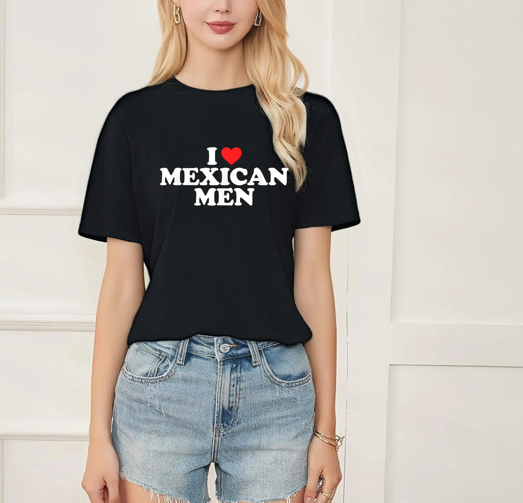 Women's 100% Cotton Round Neck Short-Sleeve Casual Graphic T-Shirt, Everyday Wear with "I Love Mexican Men" Print