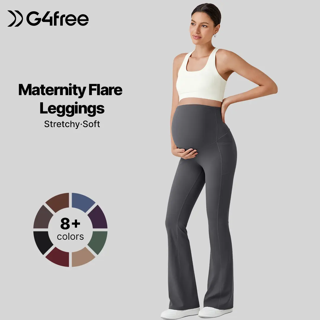 G4Free BareFeel Maternity Flare Leggings with Pockets - Over The Belly Stretchy Pregnancy Activewear, Maternity Clothing for Casual Lounge & Work Maternityclothes