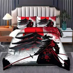 Japanese Samurai Print Bedding Set, Soft Comfortable Fabric, Zipper Design, 3 Piece (1 Fitted Sheet + 2 Pillowcases), Bedroom Decor