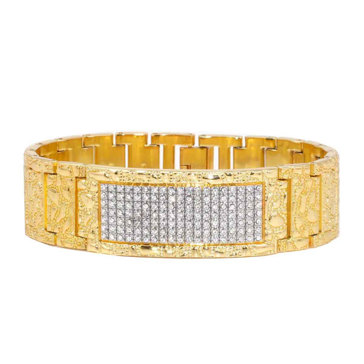 MaxBling81 Men's Hip Hop Nugget Cuban Link Bracelet, 8.5-Inch Plated Alloy Chain with Iced Cubic Zirconia Stones for Daily Wear, Cuban Link Chain, Iced Stones, Fashionable Bracelet, Casual, Plated Metal, Nugget Links, 8.5 Inches