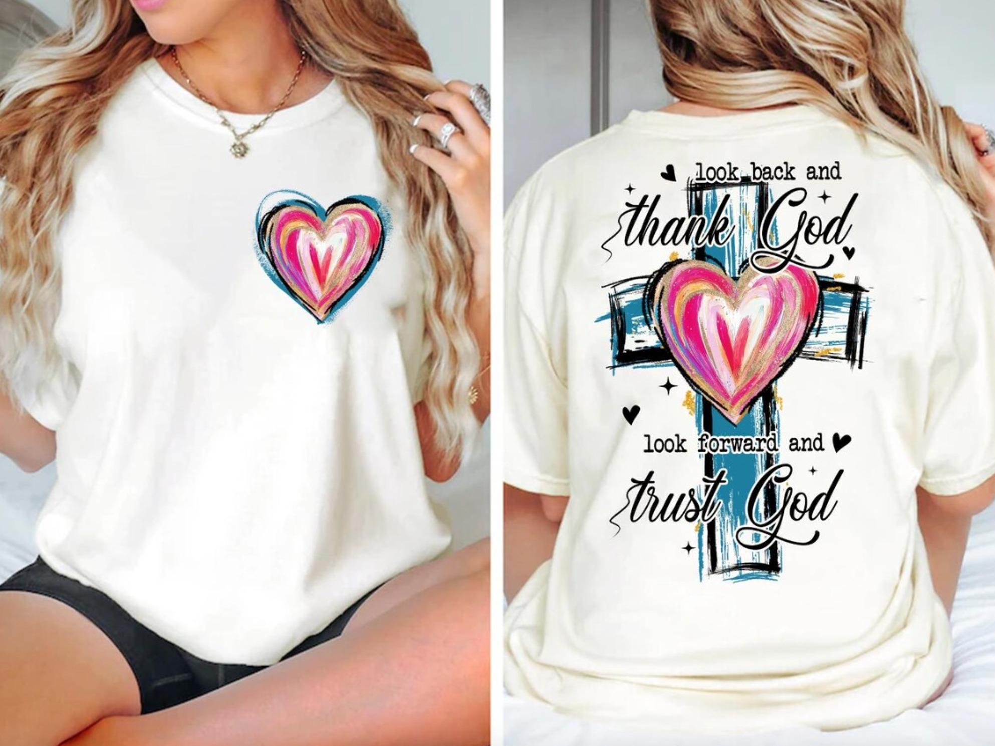 Look Back And Thank God Jesus Cross Shirt, Christian Brushstroke Cross Shirt, Preppy Bible Verse T-Shirt, Christian Hand Drawn Tee, Faith Gift For Her