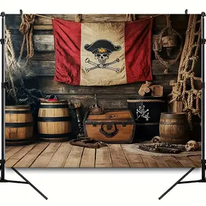 Pirate Theme Photography Backdrop, Treasure Map Party Photo Background, Pirate Ship Deck Steering Wheel Banner Decor, Durable Polyester