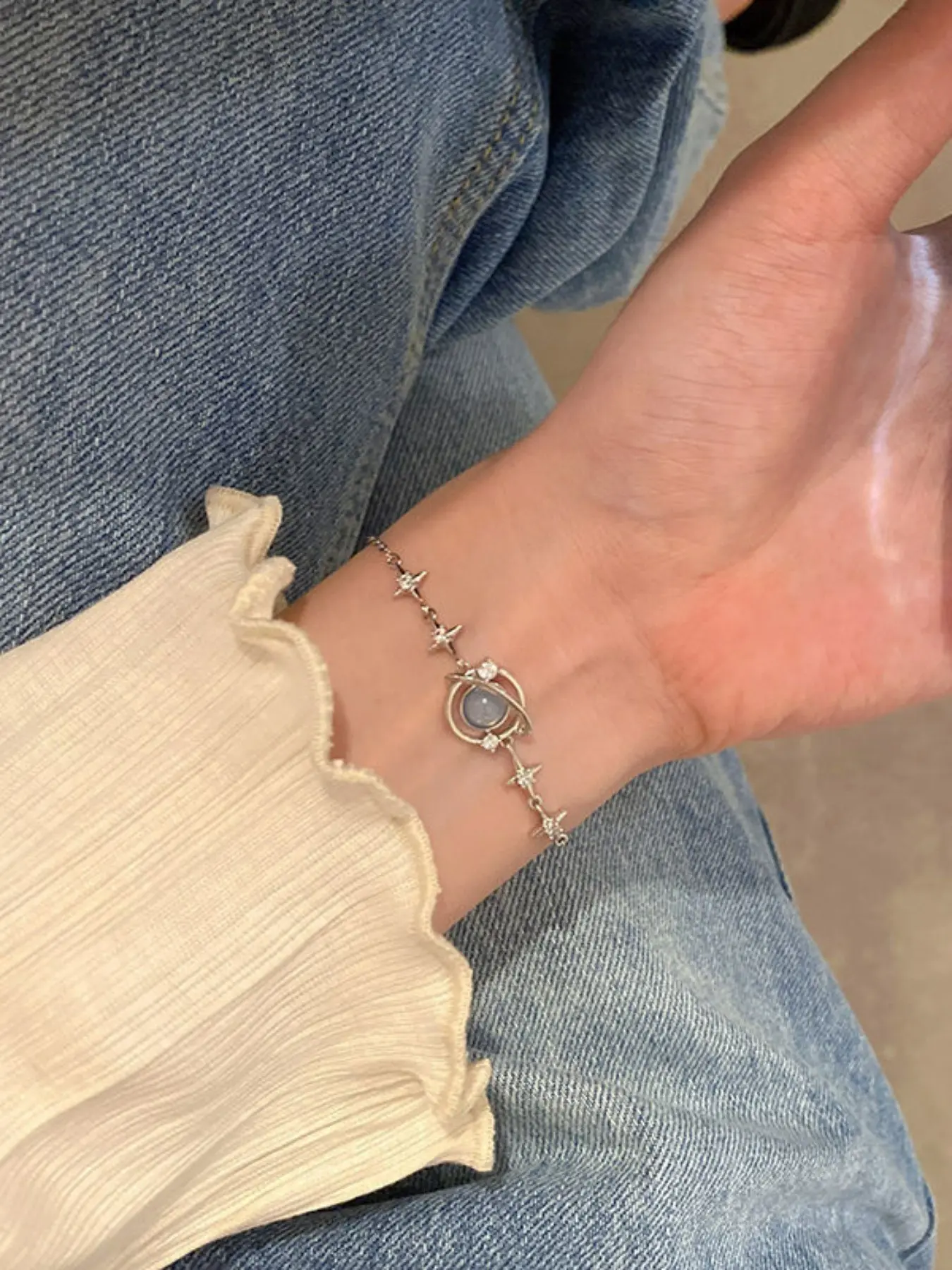 Dainty Planet Star Bracelet, Silver Color Opal Stone, Saturn Chain, Minimalist Celestial Design, Women's Daily Wrist Jewelry