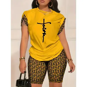 Fashion Letter Print Women's Set - Casual Short Sleeve T-Shirt and Cycling Shorts, Stretch Polyester Blend, Machine Washable,Pullover Spandex Comfort Crewneck Suit Fitted Womenswear Gamis Clothes Fabric Flowers Knitting Pants Shortsleeve Cotton Yellow