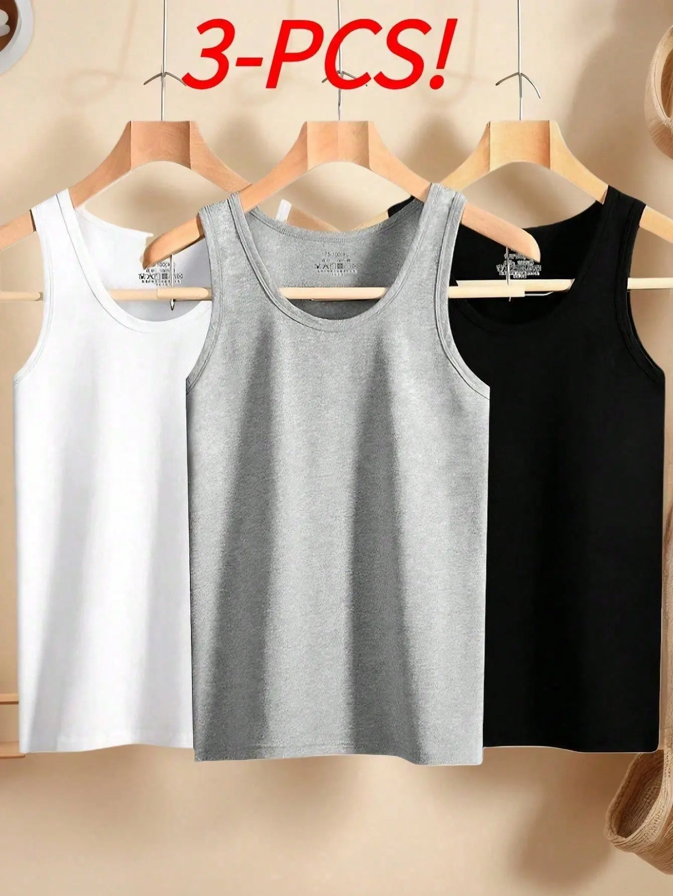 3PCS Menswear Cotton Sleeveless Spaghetti Strap Tops, Simple Casual Regular-Fit Men's Undershirts