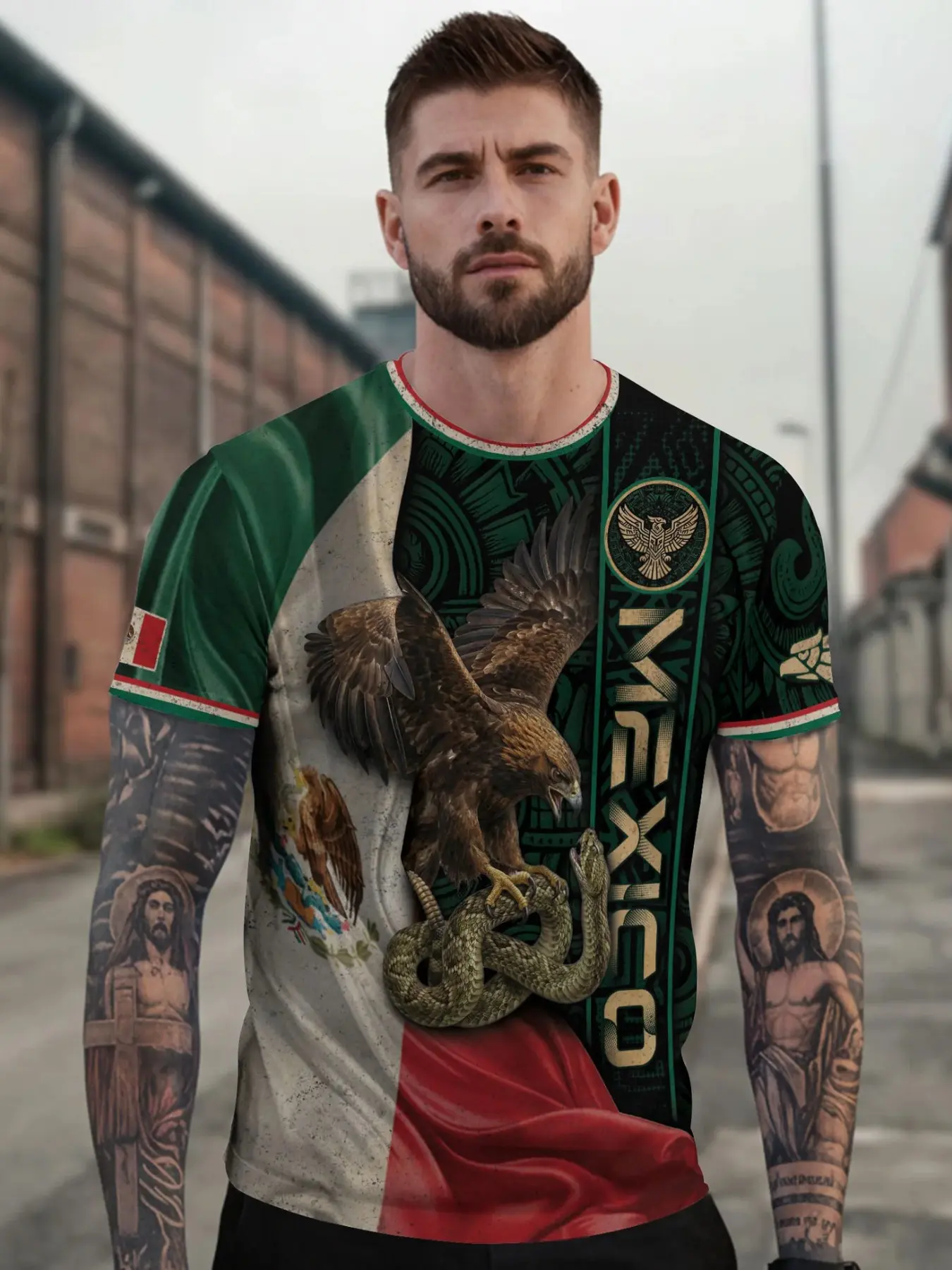 Mexico Flag Eagle Serpent Aztec Heritage Ethnic Cultural National Pride Identity Shirt, Sporty Style Fitted Long Sleeve, All Seasons Fashion Tops