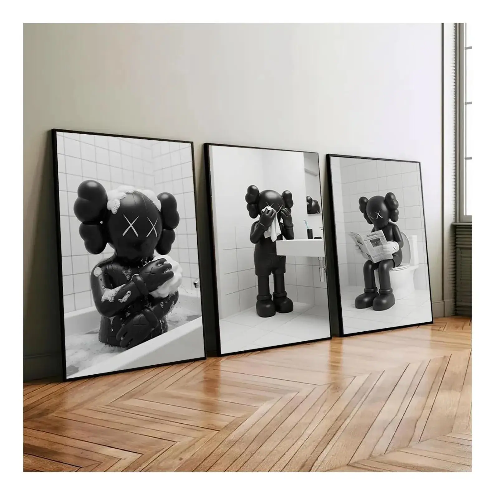 Set of 3 Black KAWS Bathroom Wall Art Prints - Hypebeast Graffiti Decor, Modern Home Decor Posters for Bathroom