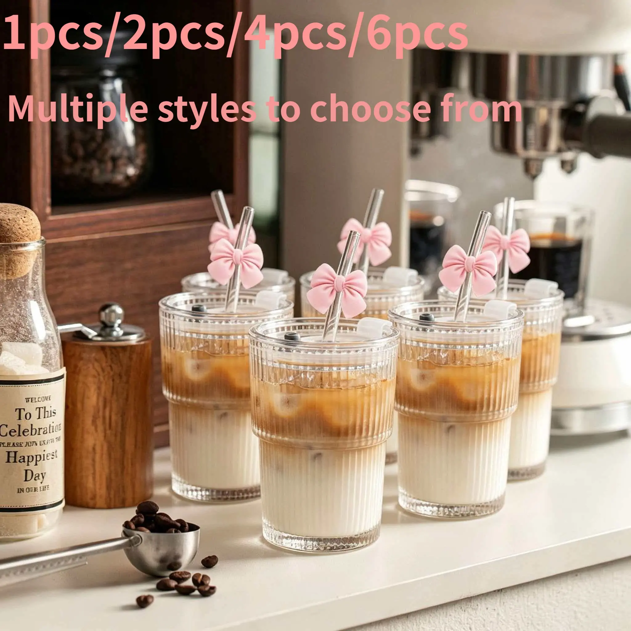 Glass Cups with Bowknot and Striped Design, Leak-Proof Reusable, Ideal for Iced Coffee, Smoothies, Matcha, Dishwasher Safe, Home Office Use Drinking Glasses Kitchen Drinkware Cups