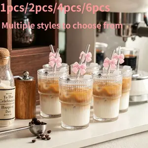 Glass Cups with Bowknot and Striped Design, Leak-Proof Reusable, Ideal for Iced Coffee, Smoothies, Matcha, Dishwasher Safe, Home Office Use Drinking Glasses
