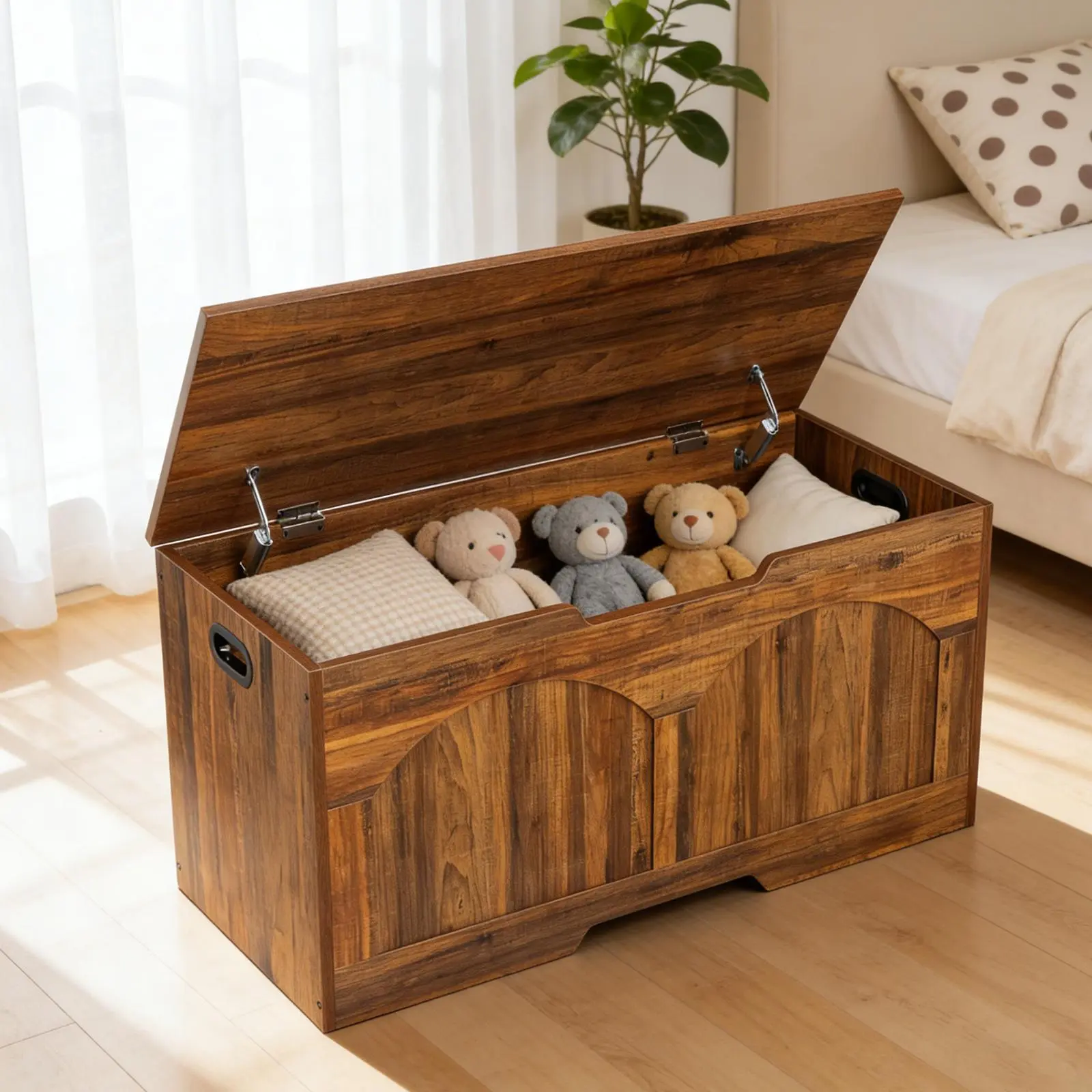 Large Capacity Wooden Storage Bench - Multifunctional Stool, Multipurpose Furniture with Wood Grain, U-Cut Lid Handle, Safety Hinge, Easy Assembly, 100cm Wide Particle Board Entryway Seat, 300 lbs Weight Capacity for Bedroom, Living Room