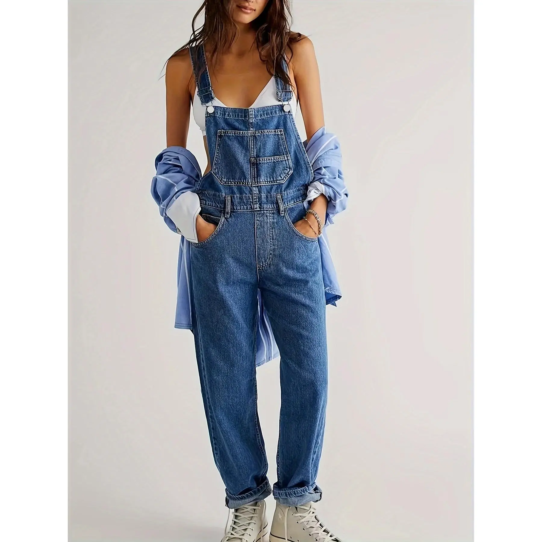 YYW1 Women's Casual Woven Denim Bib Overalls, Solid Non-Stretch Regular-Fit Long Dungarees with Adjustable Straps, Jeans Bib Overall, Jumpsuits For Women, Overalls For Women