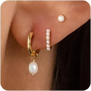 3 Pairs Gold Earrings Set - 14K Gold Plated Stacks Earring Bow Pearl Butterfly Heart Clover Star Moon Diamond Starburst Huggie Hoop Earrings for Women Trendy Jewelry