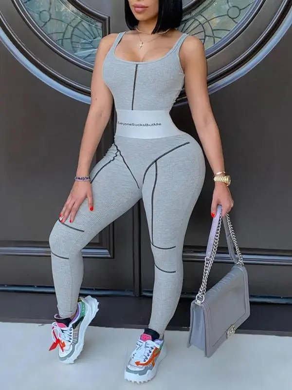 LetterPrintContrastBindingScoopNeckRibbedJumpsuitforWomen,ComfortWomenswear,LadyBodysuitJumpsuit,CasualTop-stitchingHighWaistSkinnyJumpsuitforDailyWear(gift)